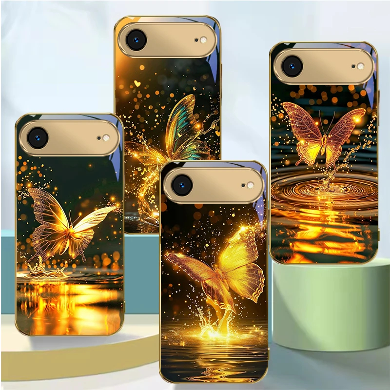 

Water Mirror Illusion Butterfly For iPhone Air 17 Pro Max 16 E 15 Pro 14 13Plus 12mini 11 17Air X 17Pro Golden glass phone case