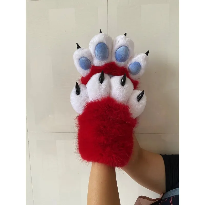 Faux Fur Plush Furry Cat Claw Gloves Fursuit Animal Fox Paws Mittens Halloween Cosplay Costume Accessories for Adult