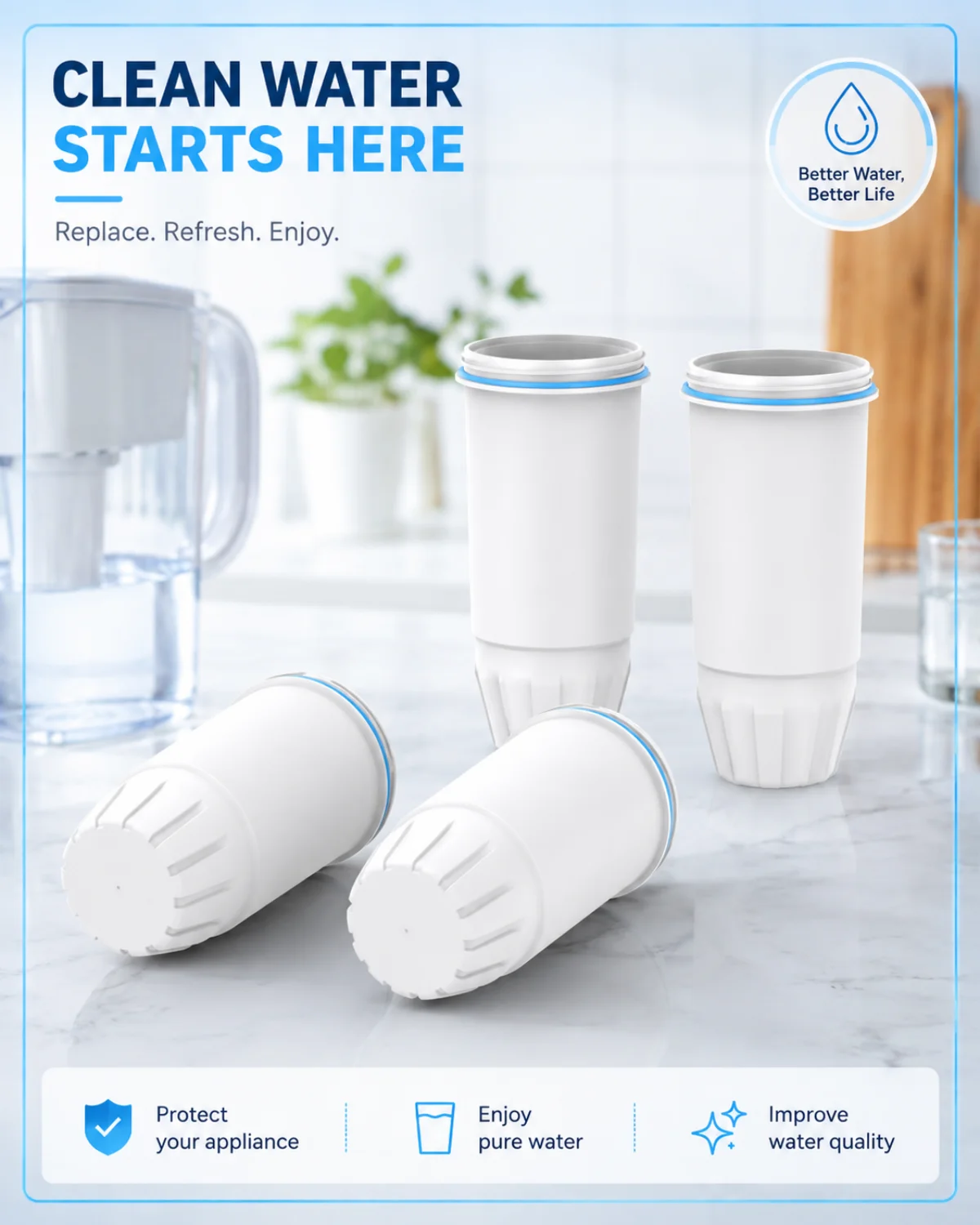 

Pitcher Water Filter Replacement 4 Pack for ZR-001 ZR-004 ZR-017 ZP-006 ZS-008 reducing Lead Chromium and Contaminants