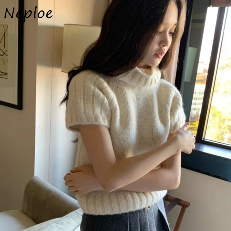 Neploe Simple Versatile High Neck Short Sleeve Knit Sweater Femme 2024 Autumn Solid Color Loose Casual Alpaca Wool Pullovers