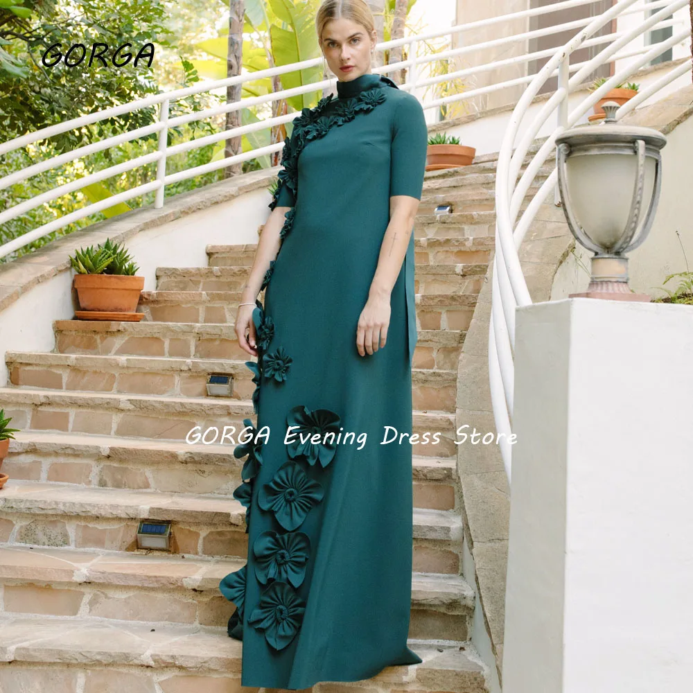 GORGA Green High Neck 3D Flowers Evening Dresses Arabia Crepe Half Sleeve Straight Formal Occasion Dress Floor-Length Party Gown