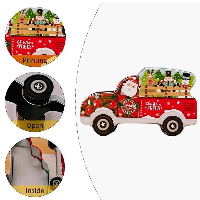 Caixa de doces do Tinplate do Natal Forma do caminhão Recipiente de cookies com tampa Adereços de férias de inverno Doces Titular Ano Novo Presente Acessório