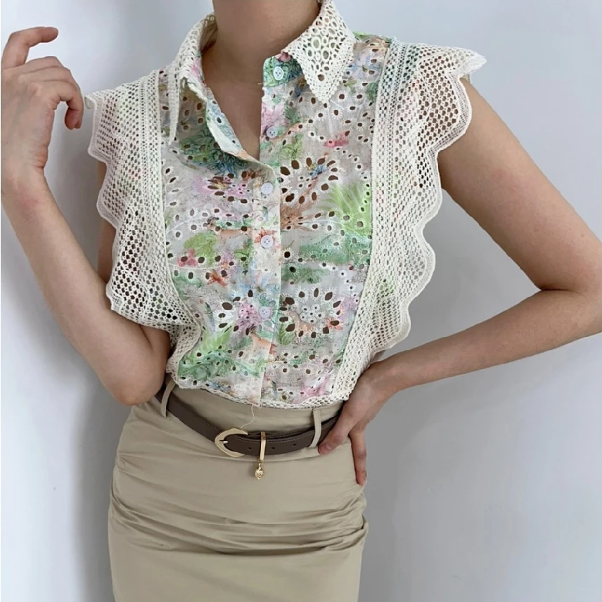 Csa retro con cuello de encaje, empalme, gancho, flores caladas, antienvejecimiento, pintura al óleo, sin mangas, top mode...