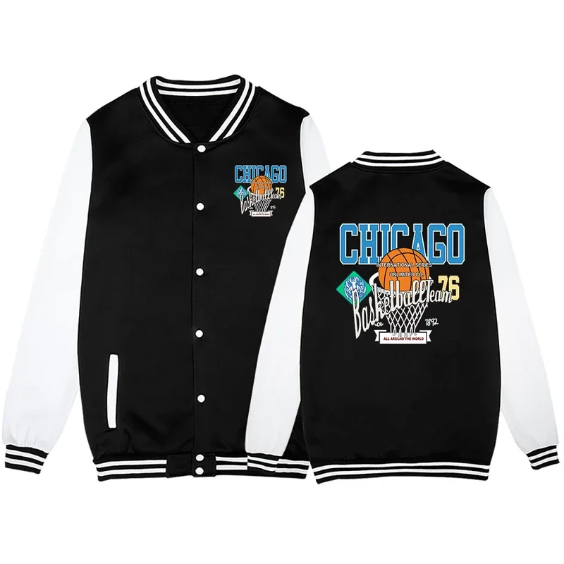 Chicago Basketball Team Prints Men Jacket American Retro Simple Sweatshirt Casual Fashion Top Autumn Fleece Man Baseball Uniform