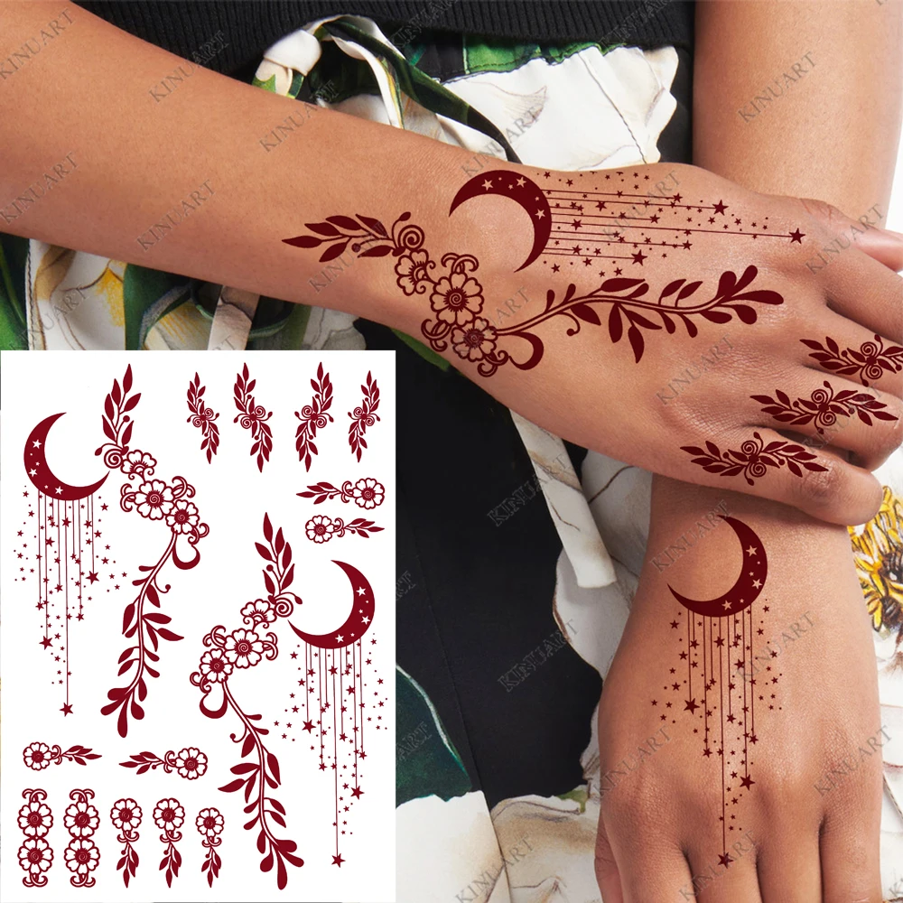 Brown Henna Stickers for Women Moon Design Temporary Henna Tattoos Flower Fake Tattoo for Hand Fingers Mehndi Design Body Wear