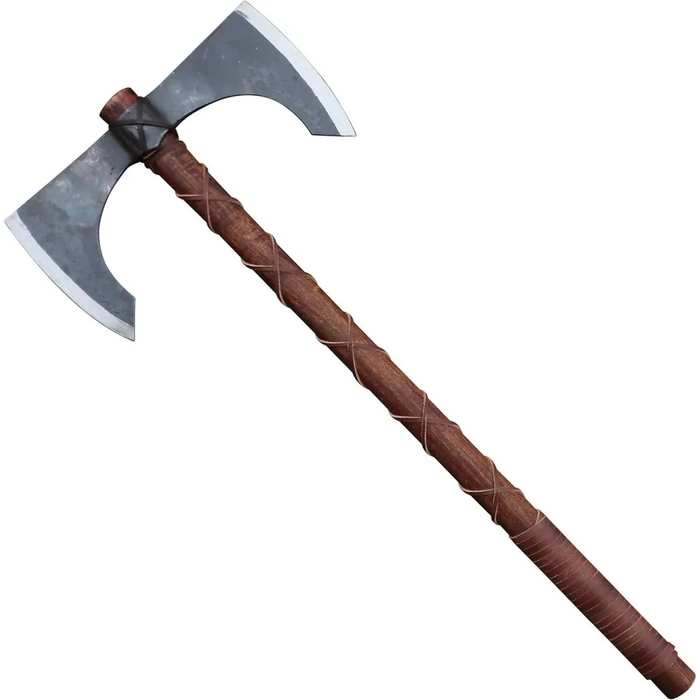 Carbon steel double-headed axe with leather sheath and wooden handle for outdoor camping tools