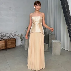 Customized Matching Chiffon Pleat A-line Strapless Midi Dresses Prom Dresses Classic Exquisite Modern Style Pastrol Unisex  Form