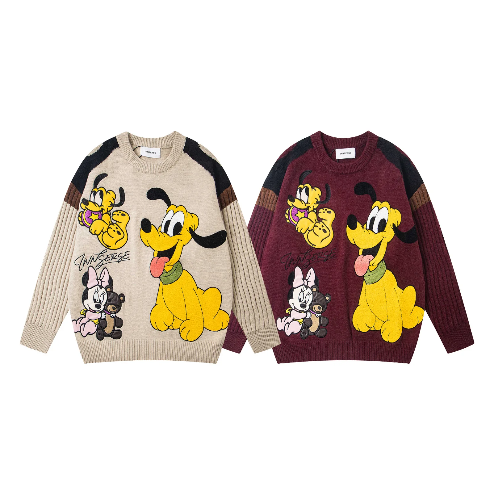 Autumn Winter Top American Retro Color Block Cute Cartoon Embroidery Pullover Crew Neck Sweater Unisex Versatile Loose Knitwear