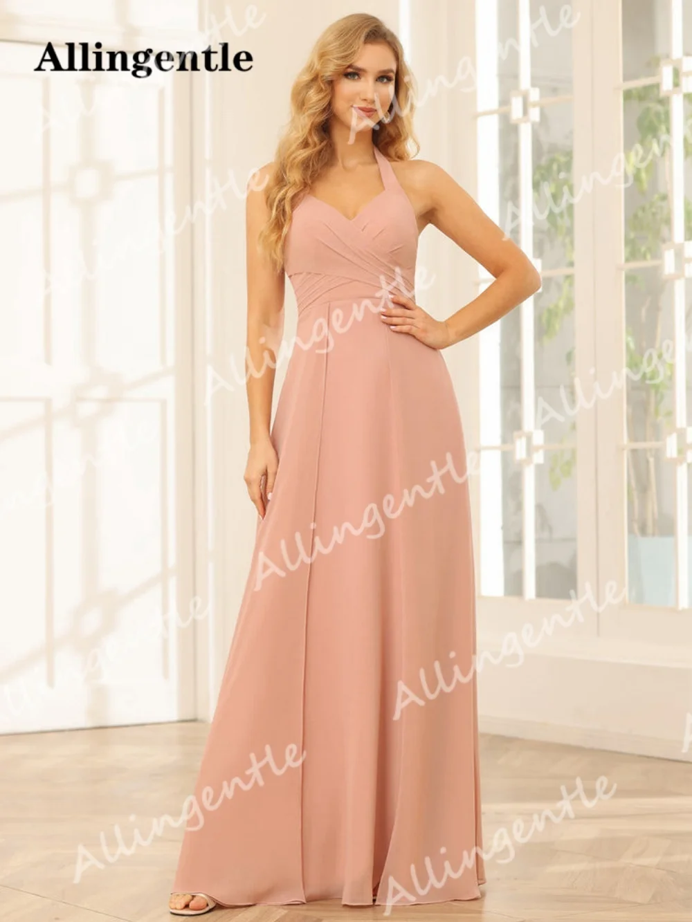 Allingentle A-Line Princess Halter Long Bridesmaid Dress with Slit Chiffon Sleeveless Formal Evening Dress Party Gown Customized