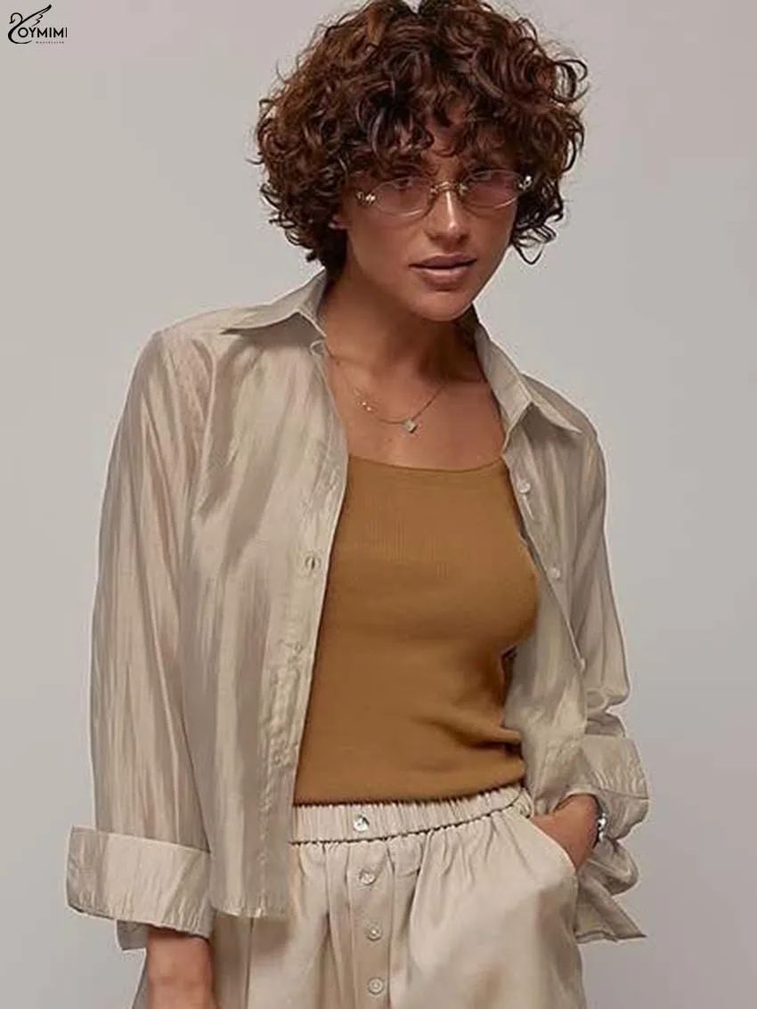 Oymimi Casual Khaki Loose Woman Blouses Autumn Turn-Down Collar Long Sleeve Blouses Fashion Single Breasted Translucent Blouse