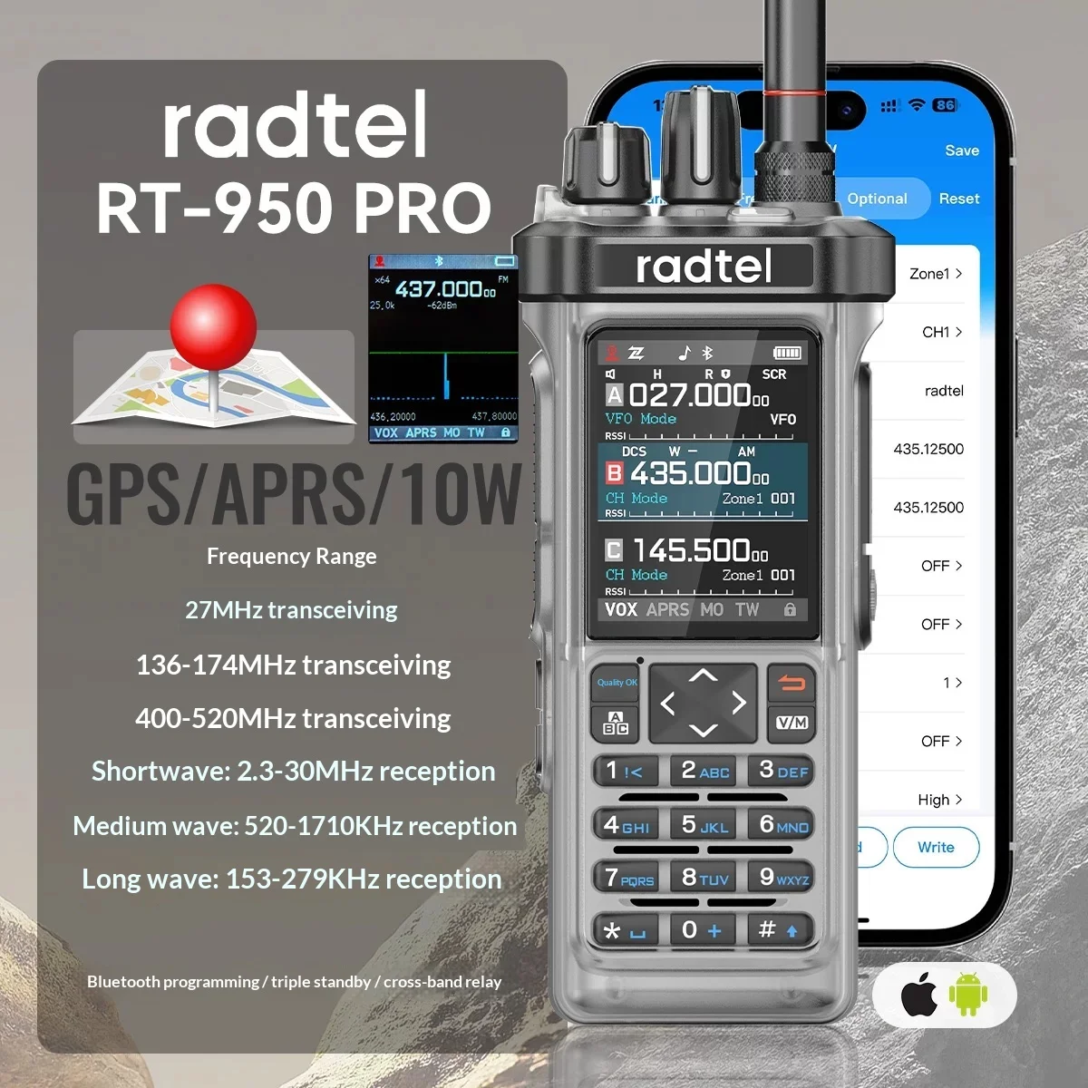 Radtel RT-950 Pro Transparent Walkie Talkie AM/FM Air Band Receiver GPS APRS 10W Bluetooth Ham Radio Two-Way Radio