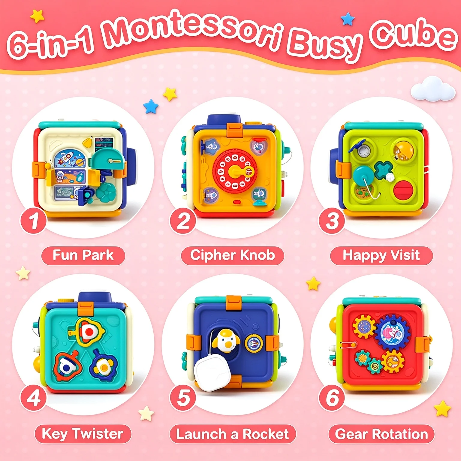 6-in-1 Montessori Busy Cube Detachable Busy Board Multifunctional Sensory Educational Toy Fine Motor Skills Early Learning Gift