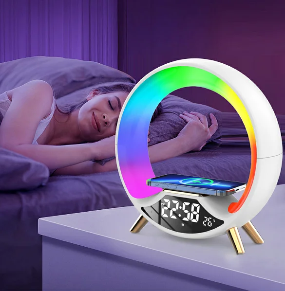 

2023 New Led Digital Music Sunset Kids Alarm Clock Speaker Night Lamp Clocks Smart and Wireless Charge Wake up Light for Bedroom