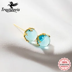 TrustDavis Real 925 Sterling Silver Earring Fashion Round Blue Crystal Stud Earrings For Women Wedding Mother's Day Gift DA2973