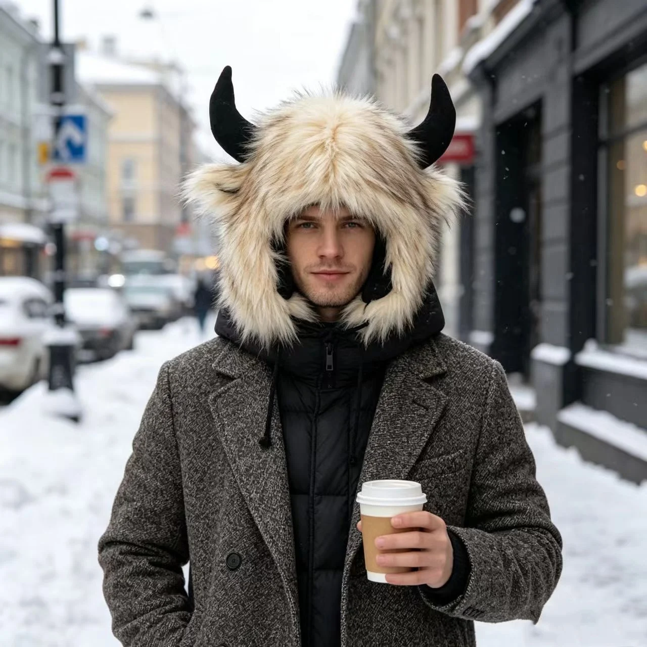 High Quality Unisex Bullhead Hat Thick with Horns Earflap Hat Windproof Fluffy Funny Hat Bomber Hats