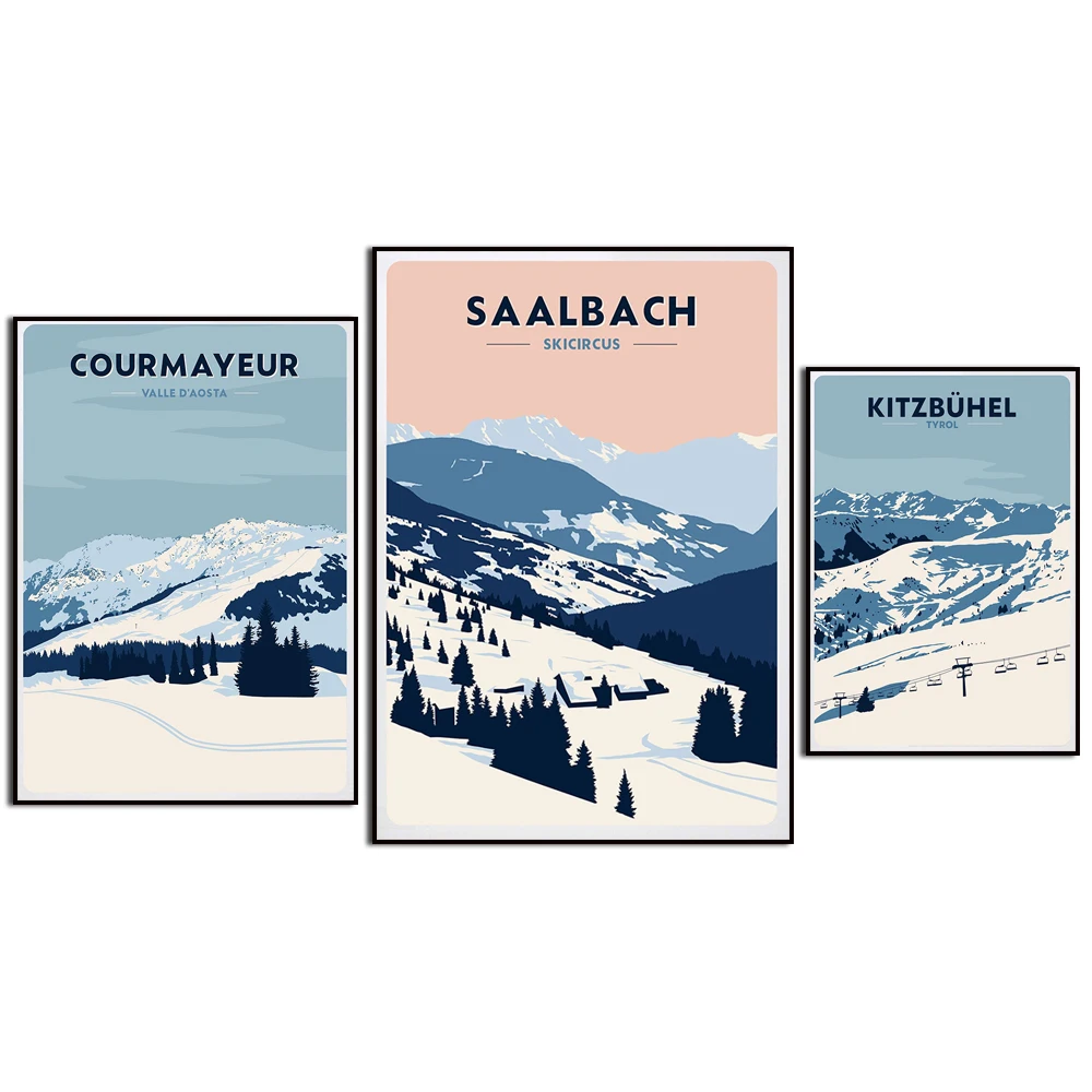 Kitzbühel. Valle d'Aosta. Chamonix. Alps. Saalbach. Zell Am See. Courmayeur. Urban Ski Resort. Home Art travel Canvas Painting