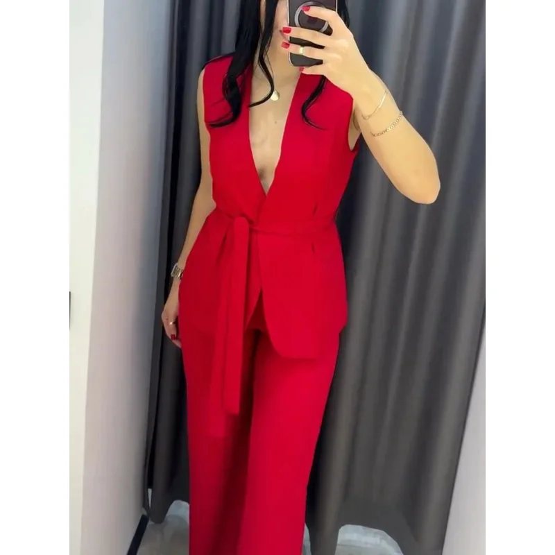 Spring Summer Women's Romantic Red V-Neck Lace-Up Vest Suit with Flared Pants Elegant High Street Fashion for Ladies