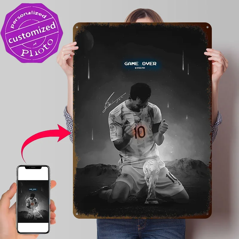 Messi 3D Printed Texture Poster Personalized Wall Art Retro Metal Tin Signs for Living Room Decorations Home Decoration Luxury