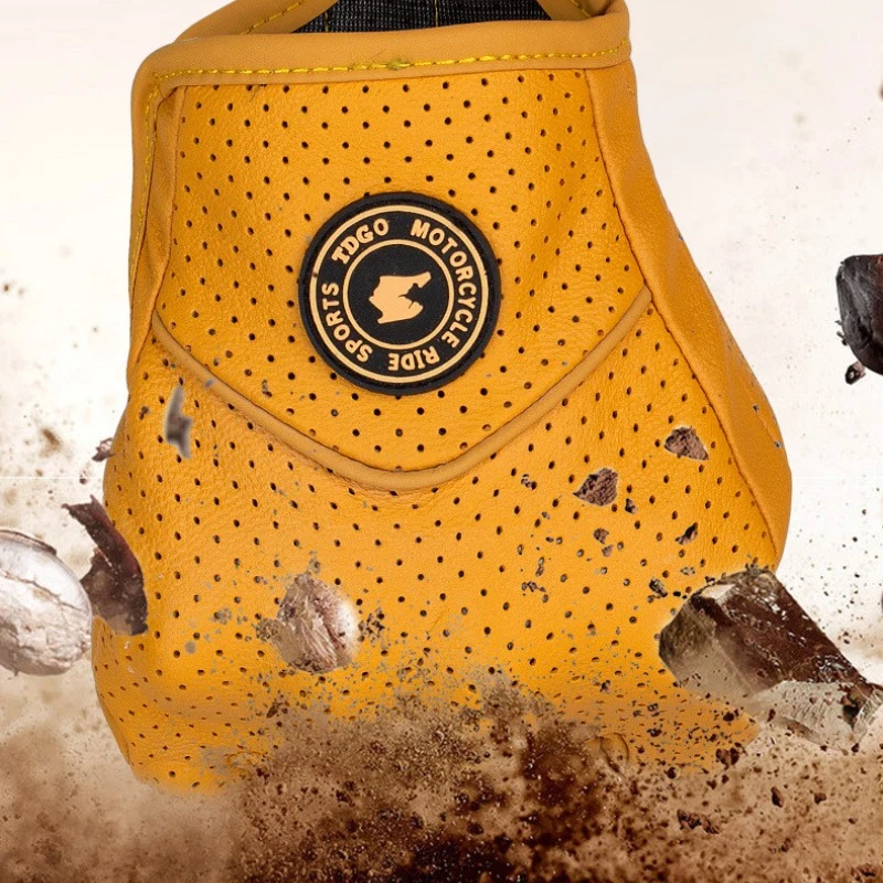 Retro Yellow Leather Motorcycle Gloves Men Women Breathable