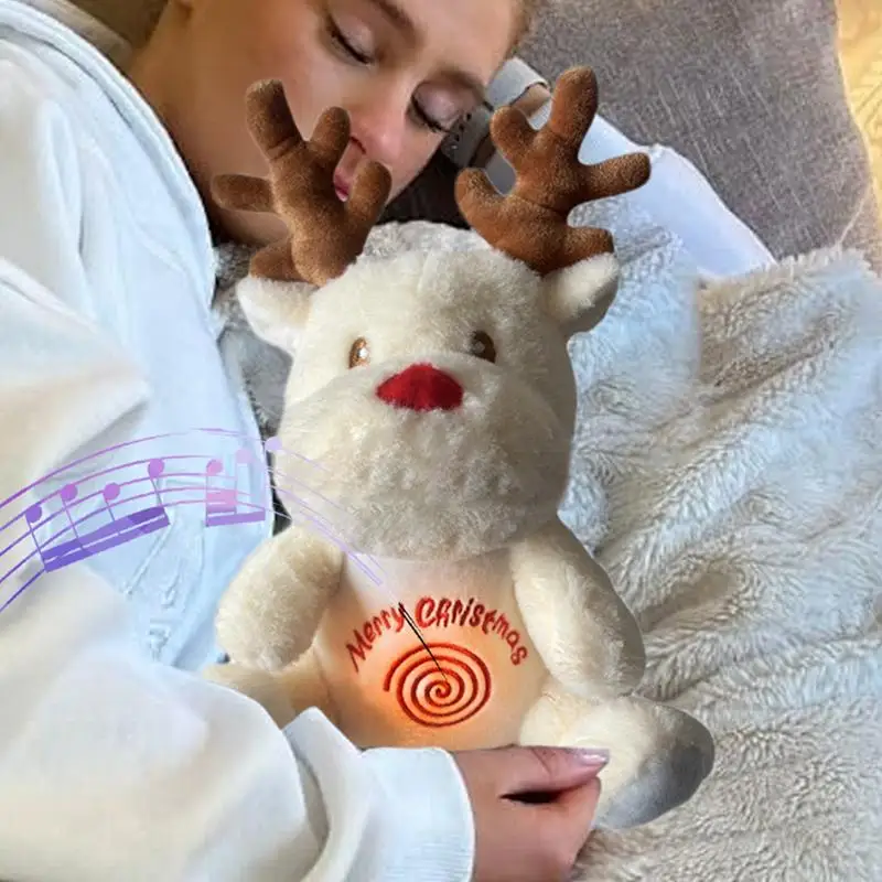 Breathing Plush Toy Sleeping Reindeer Toy Built-in Breathing Sound Soft Light Stuffed Doll For Girls Soft Lights Adults