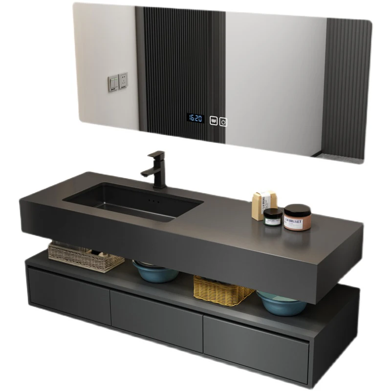 

jl-Modern Single Sink Floating Vanity Set with Mirror Wall Mounted Matte Black Slate Bathroom Cabinet Modern Bathroom Vanities&