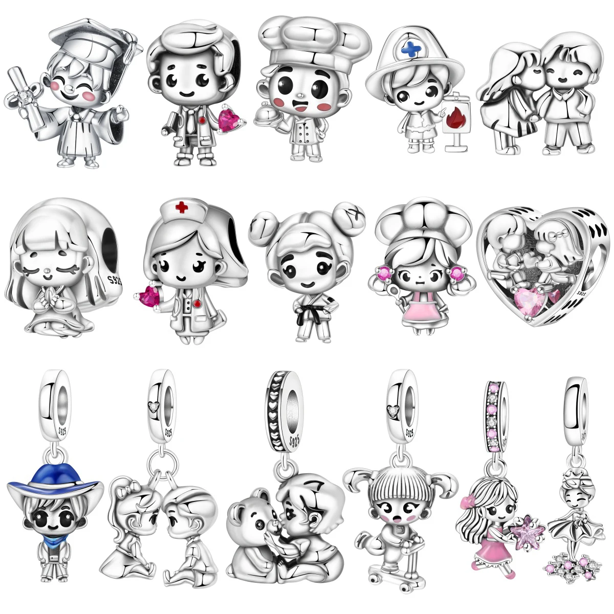 MISEFF S925 Berloque de Prata Esterlina com Perfil de Personagem e Contas de Coração, Compatível com Pulseiras e Colares Originais, para Criação de Joias DIY, Presentes Femininos