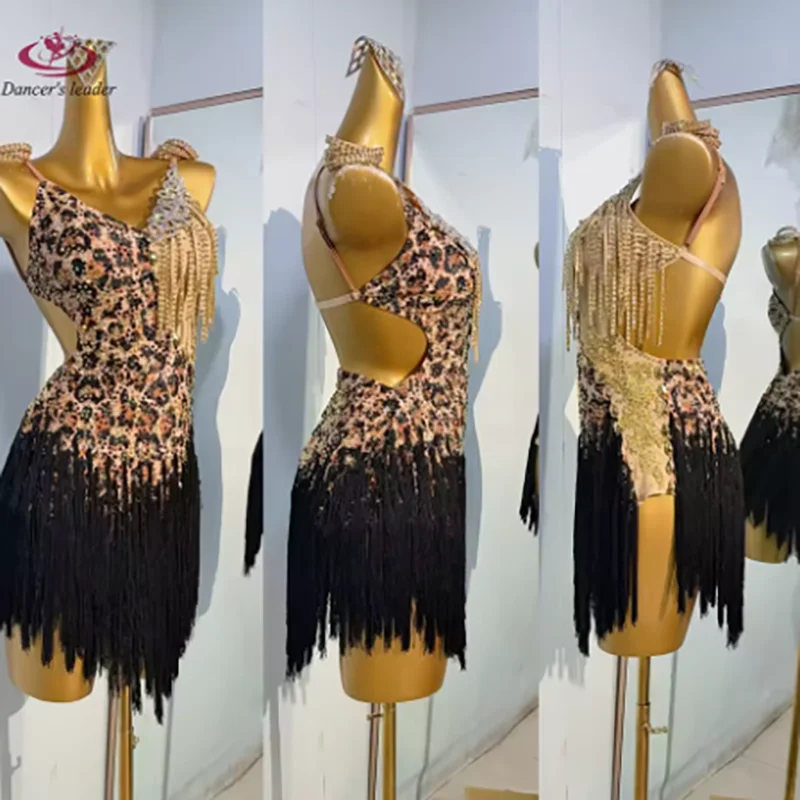 Latin Dance Dress High-end Custom Slim Fit Leopard Print Black Tassel Skirt Samba Tango Women's Adult Stage Costume
