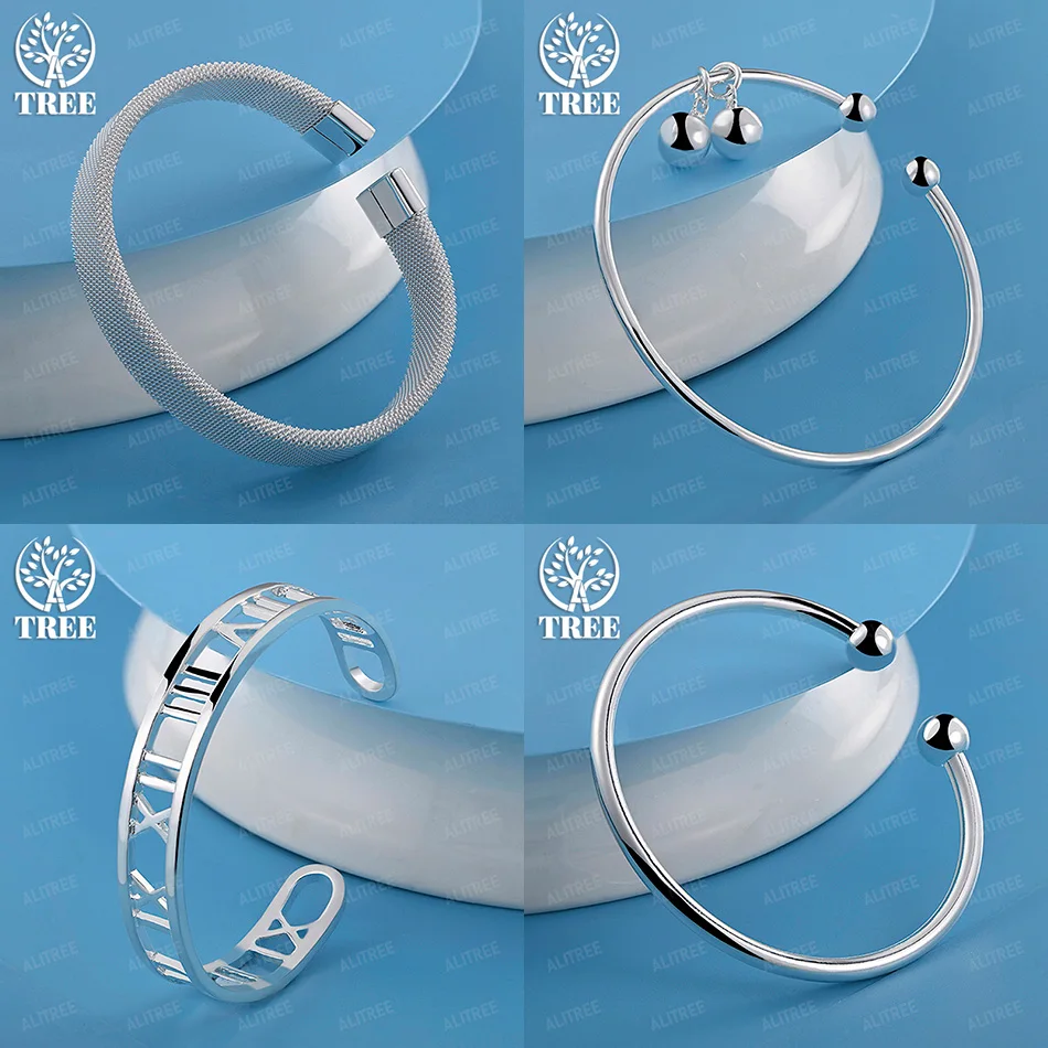 

925 Sterling Silver Roman Numeral Mesh Beads Round Open Bangles Women Fashion Simple Jewelry Accessories Anniversary Party