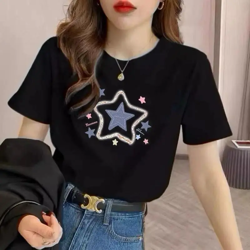 2024 New 100% Cotton Foreign Style T Shirt Top Ladies Fashion Trend Loose Street Wear Summer Half Sleeve Light Luxury T-Shirt