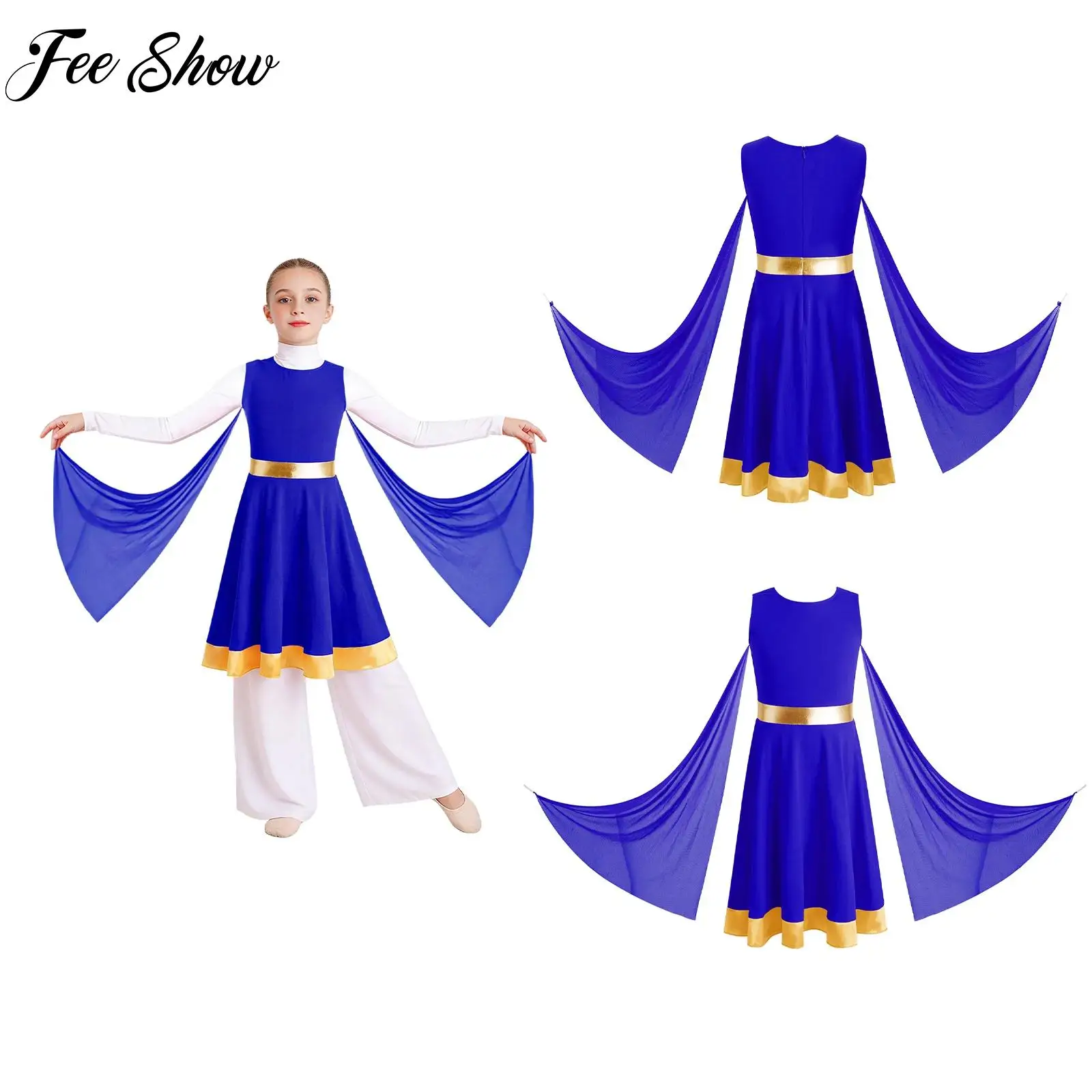

Kids Girls Church Choir Performance Tunic Dress Metallic Waist Hem Dress+Mesh Drapes Set Liturgical Worship Praise Dancewear