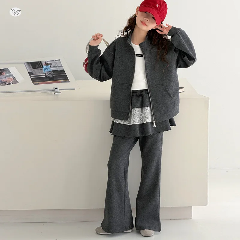 Girls' Autumn Clothing2026New style children's stand-up collar sweatshirt jacket with lace back panel and flared pants Korean-st