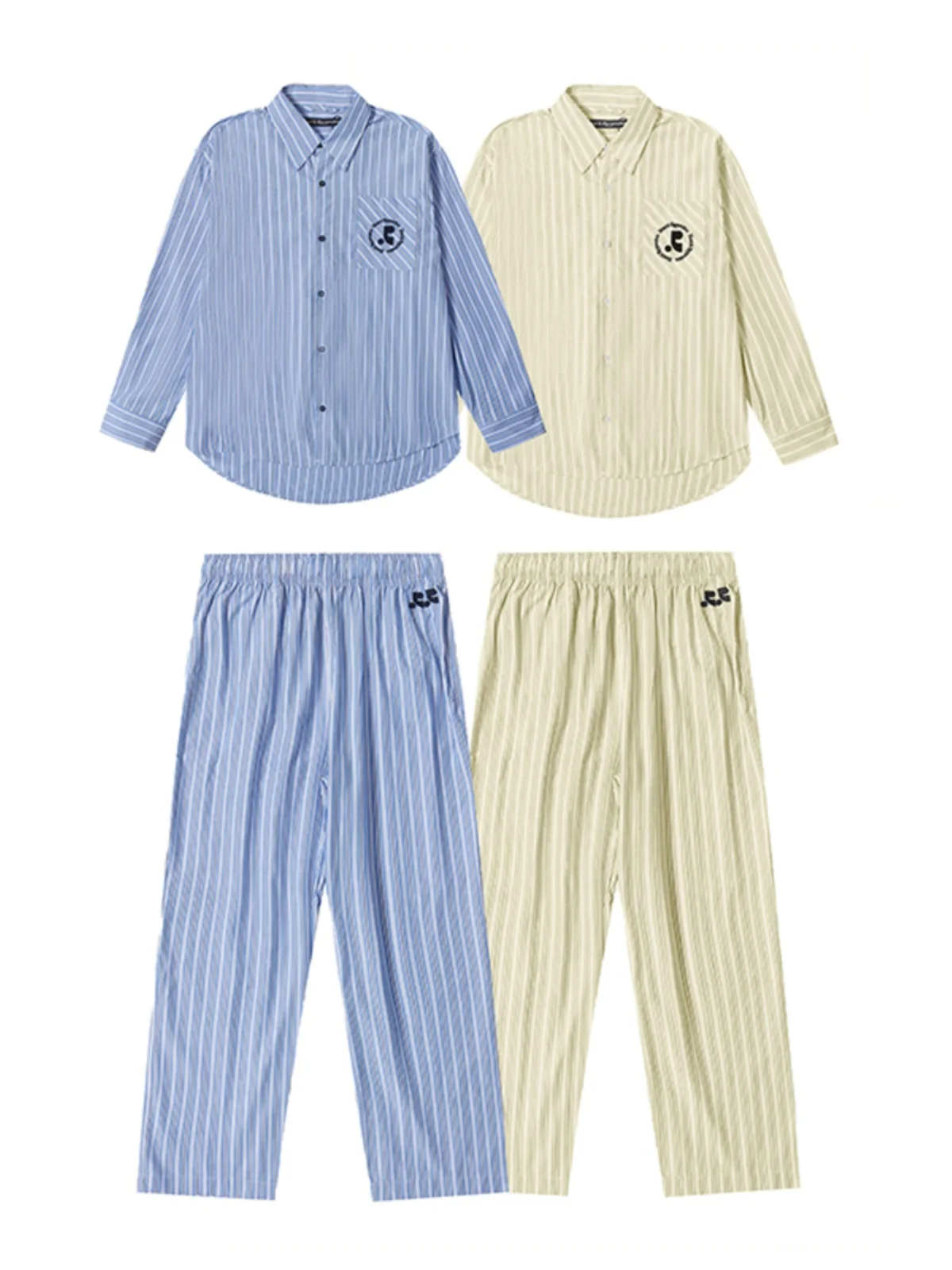 

Casual Loose Striped Pants And Embroidered irt Set for Young Women Cotton Collar Button up Long Sve Summer Outfit