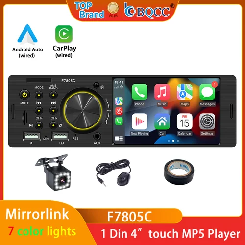 BQCC 1 Din4.1 pulgadas pantalla táctil Radio de coche con cable Android auto carplay Bluetooth FM USB Mirrorlink 7 luces coloridas estéreo de coche