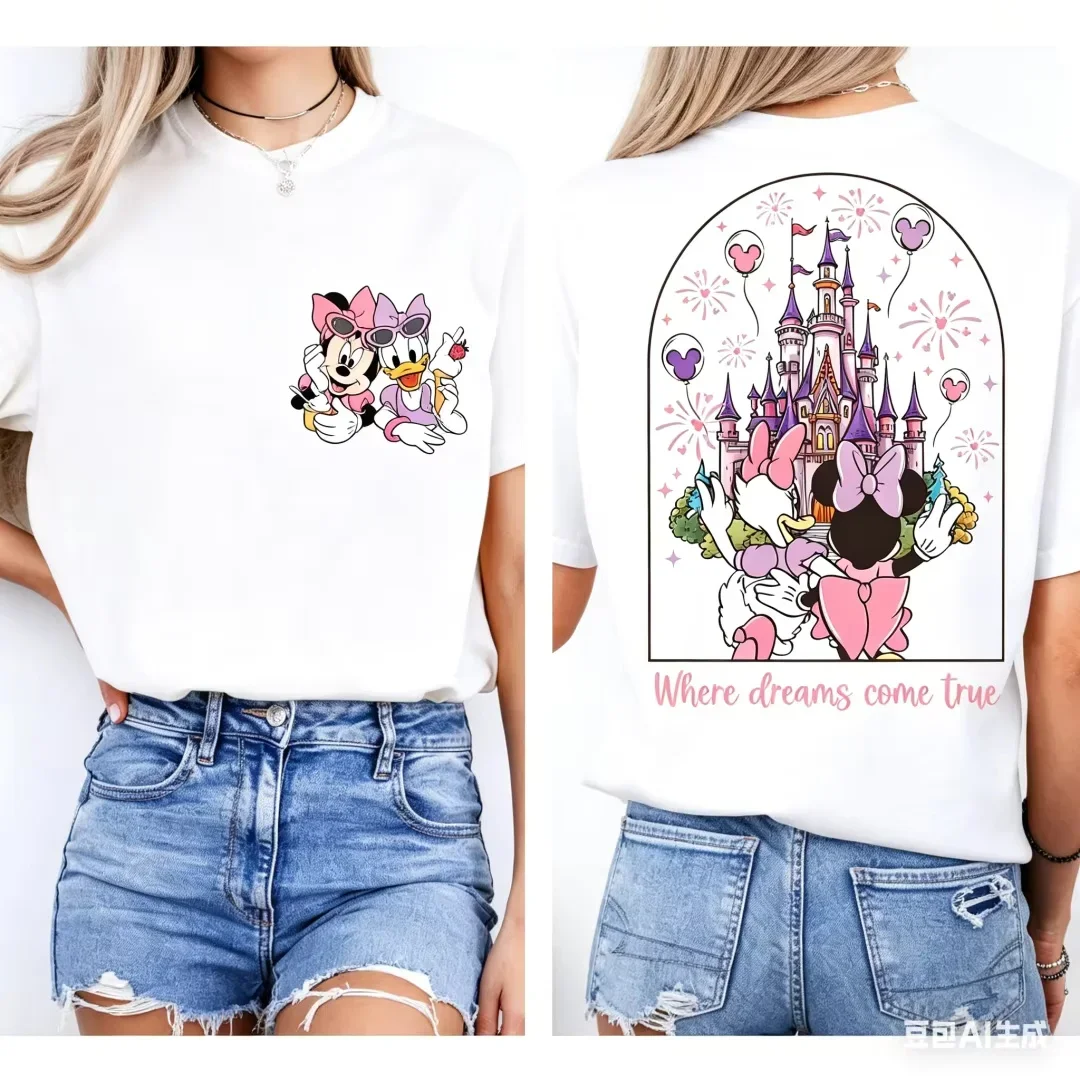 Summer 2026 Loose plus Size T-shirt Men's And Women's Short Sleeved Casual Print with Minnie And Daisy Cartoon Pattern
