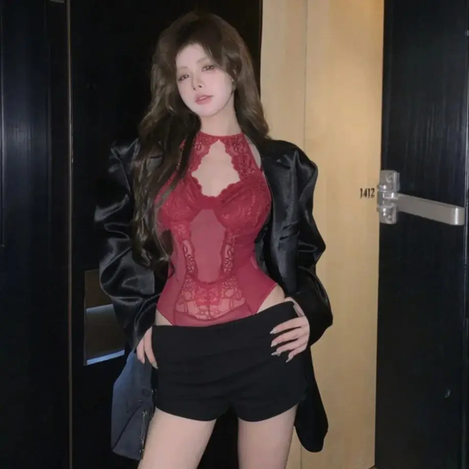 Japan Style Sexy Clothing Women's Sexy Neck Mounted Sleeveless Lace Camisole Wine Red Solid Color Club Slim Inner Short Jumpsuit