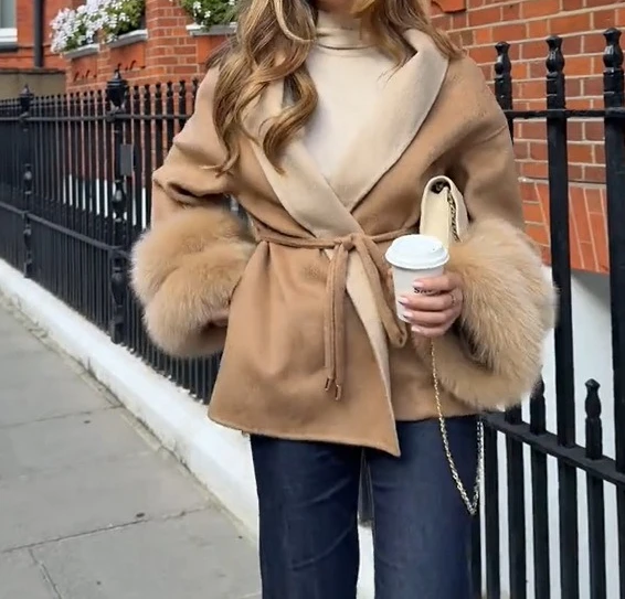 مزاجه 2025 الخريف/الشتاء نمط جديد الدانتيل يصل الأصفاد طبقة مزدوجة معطف الصوف للنساء