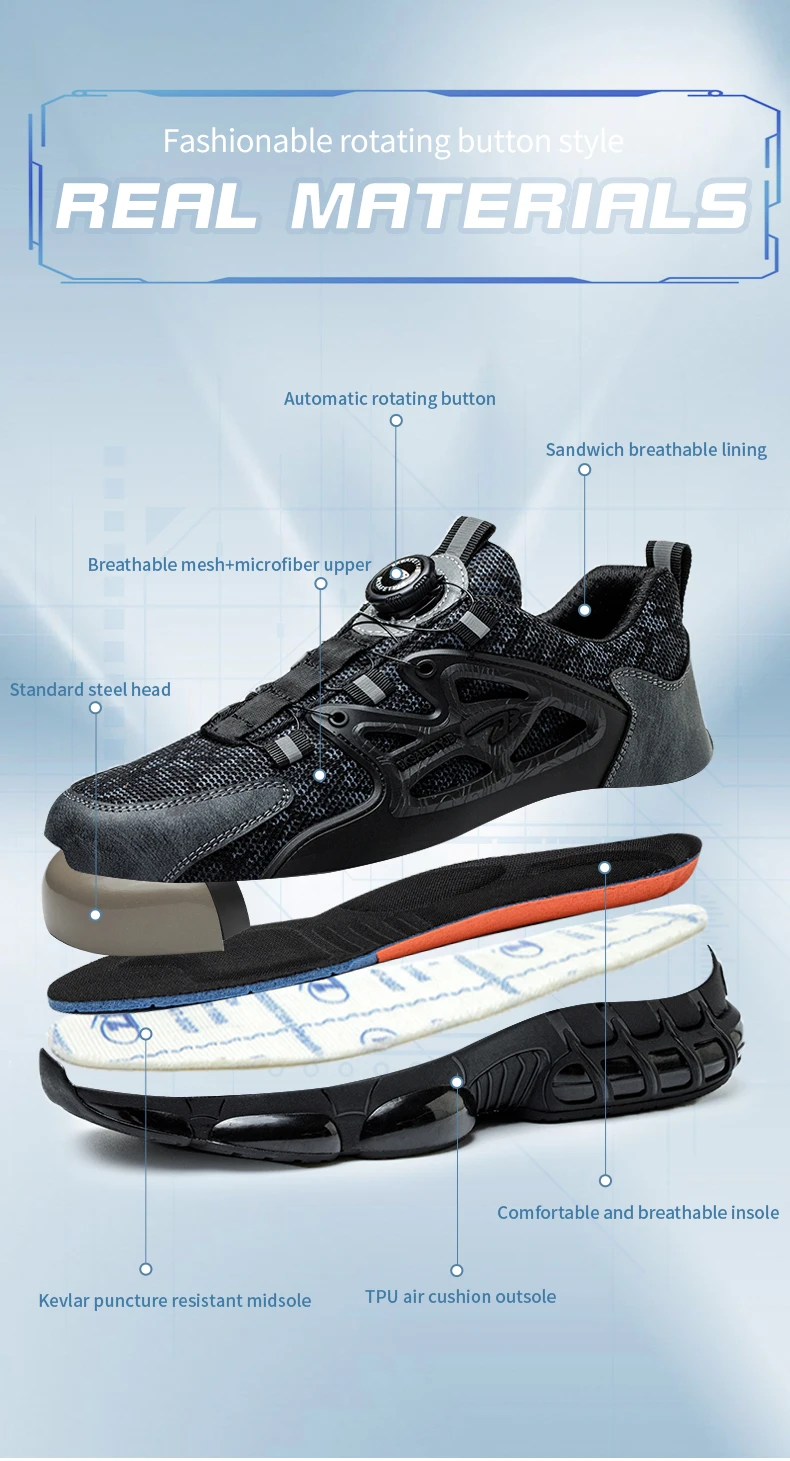 Rotating Button New Safety Shoes Men Anti-smash Anti-puncture Work Shoes Fashion Men Sport Shoes Security Protective Boots