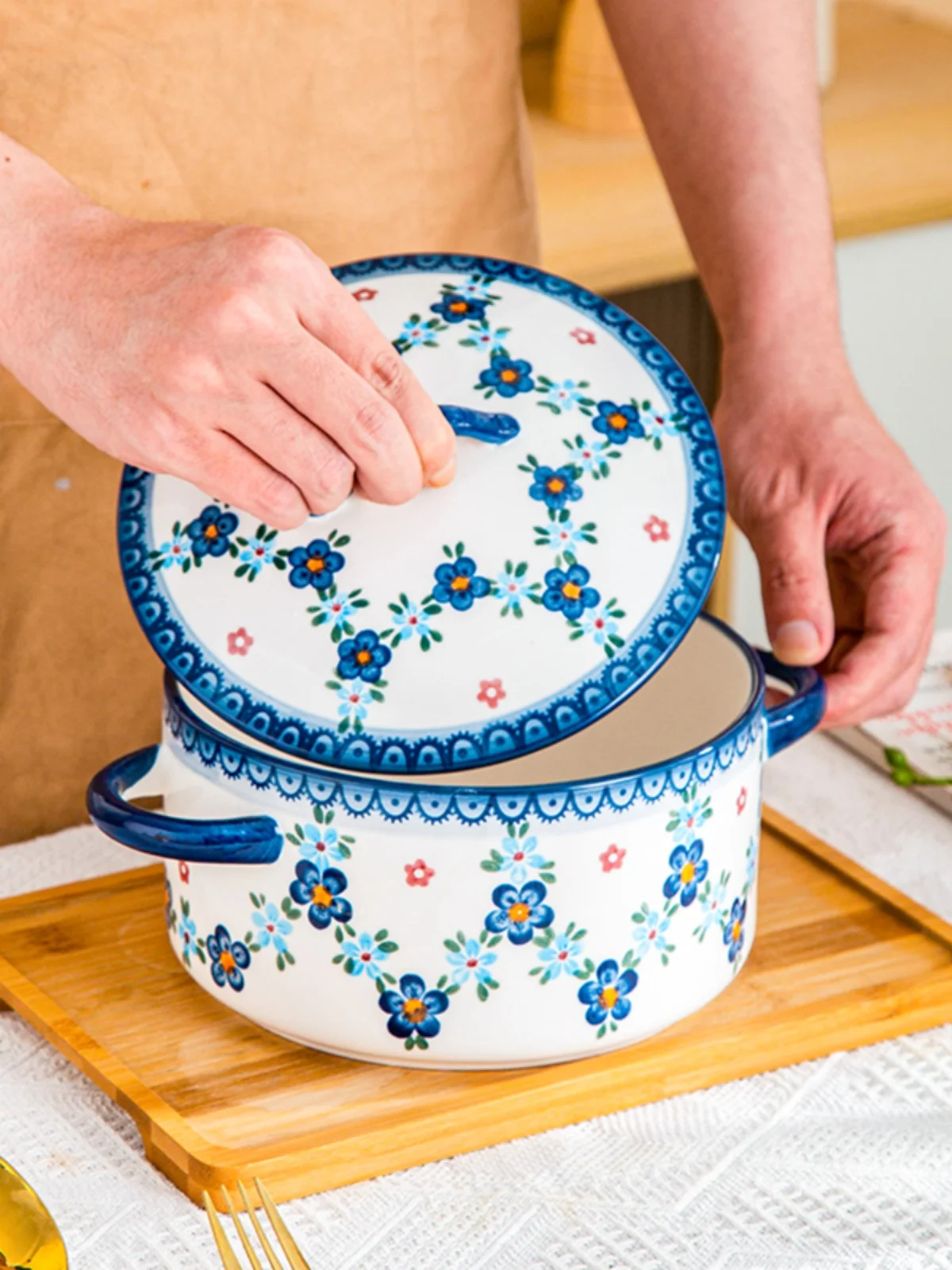 

Супница с двумя ручками и крышкой, термостойкая, с высоким эстетическим качеством, для микроволновой печи, для свиного жира, с узором «Синий лотос»