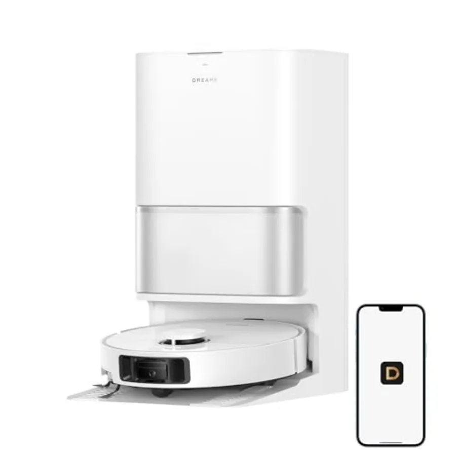 

Robot vacuum and mop for home use, white ABS plastic, 25000Pa suction, extendable side brush and mop, self-emptying cleaning do