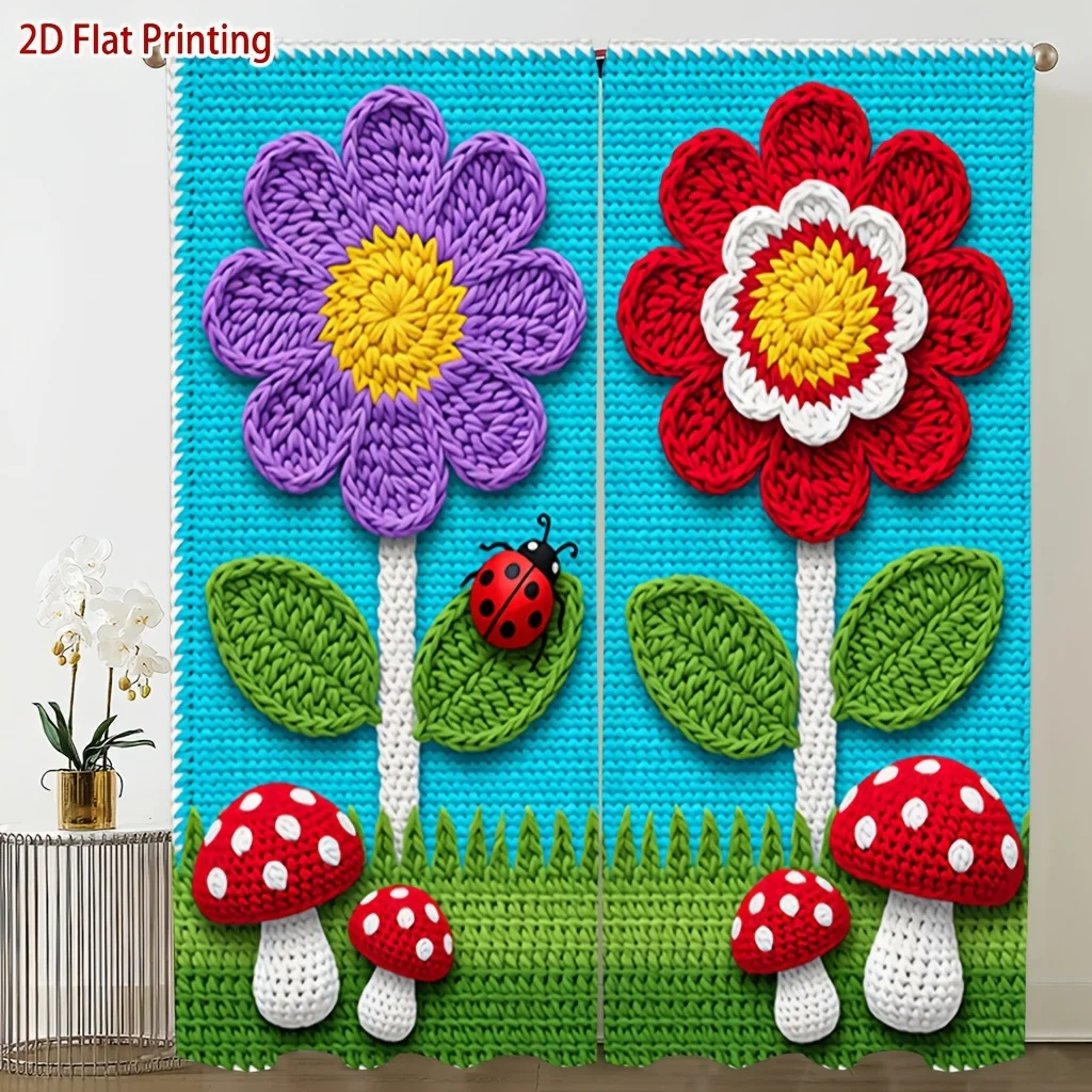 

2pcs Crochet Flower Mushroom Kids Curtains Blackout Drapes for Nursery Cute Animal Decor Colorful Knit Pattern Window Treatment