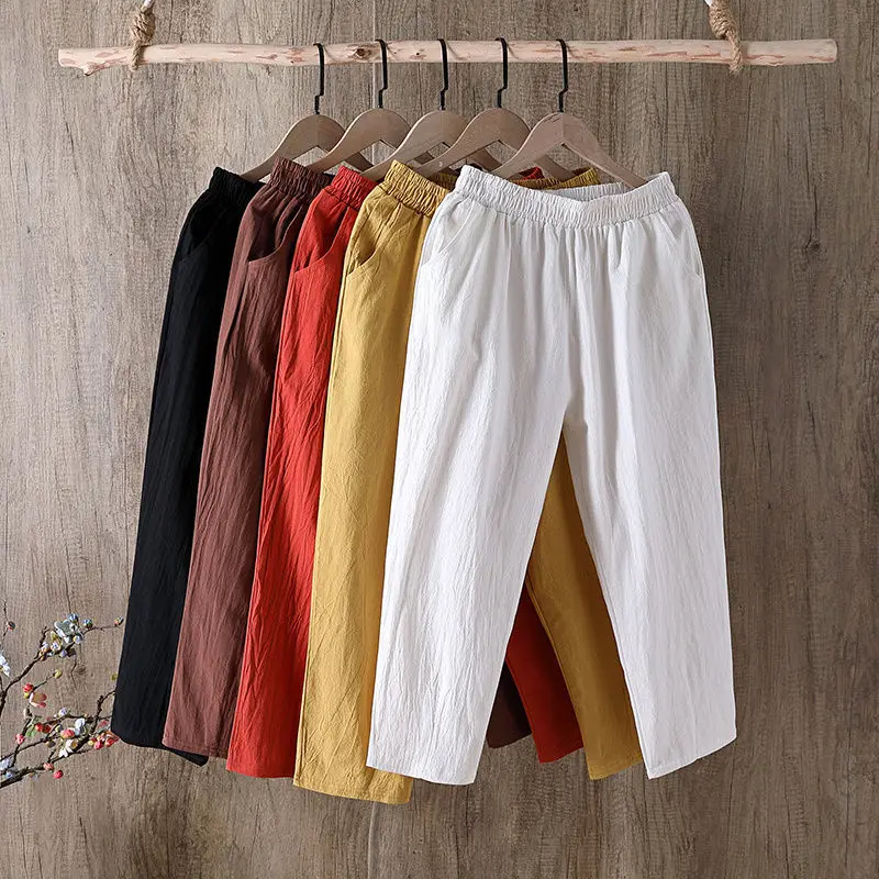 Pantaloni Estivi da Donna Casual Larghi in Cotone e Lino con Elastico in Vita, Modello Harem, Lunghezza al Polpaccio