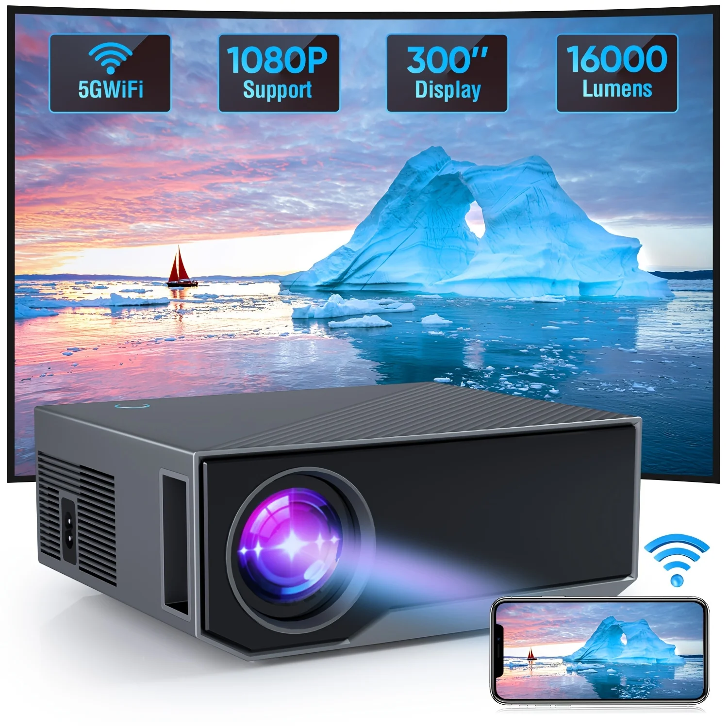 

Беспроводной проектор ZDK, проектор Ethnic 1080P, 15000 люмен, домашний видеопроектор, совместимый с iPhone/Android/PS5/ПК