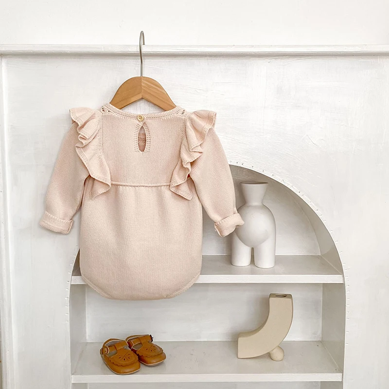 ربيع الخريف الطفل محبوك رومبير طفلة 0-24 متر رومبير طويلة الأكمام الوليد الصلبة الدانتيل طويلة الأكمام الملابس الرضع حللا