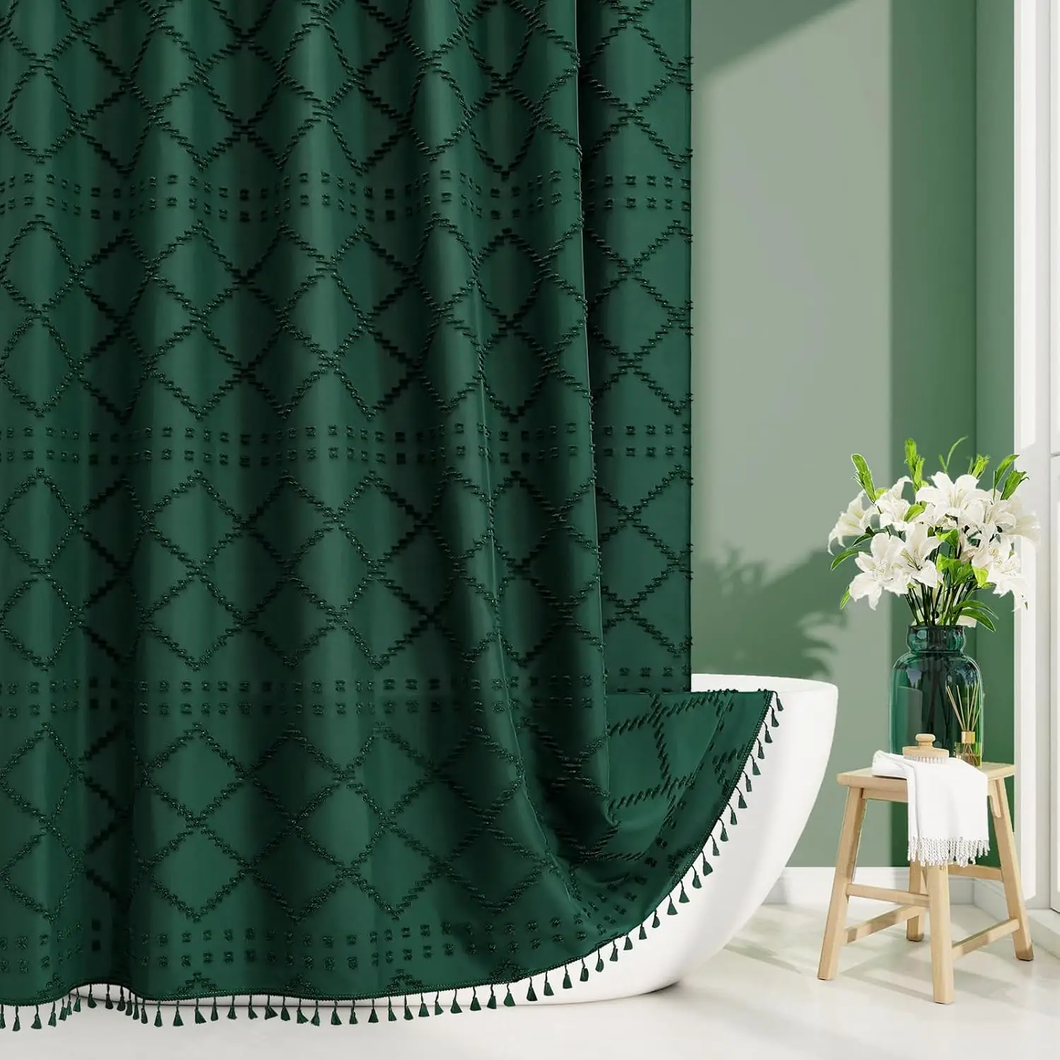 

Boho Dark Green Woven Fabric Shower Curtain with Tassel 72 x 72 Bohemia Tufted Chevron S iped Chic Textured, Green Mode