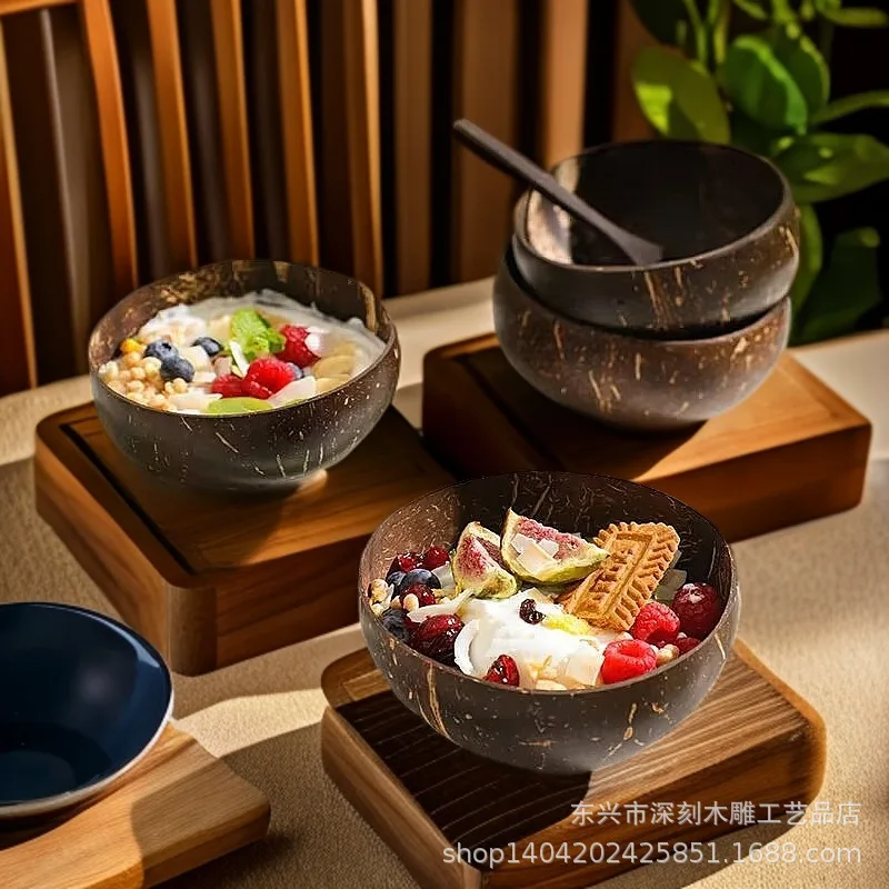 1/5PCS Coconut Bowl Wooden Spoon Set Smoothie Kitchen Tableware Dessert Fruit Salad Mixing Rice Ramen Natural Coconut Bowls