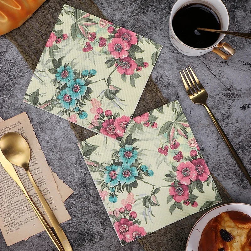 New Flowers Wedding Colorful Napkins Printed Paper Napkins Party Decoration Supplies Butterfly Bone Bart Paper Placemat 20pcs/pa