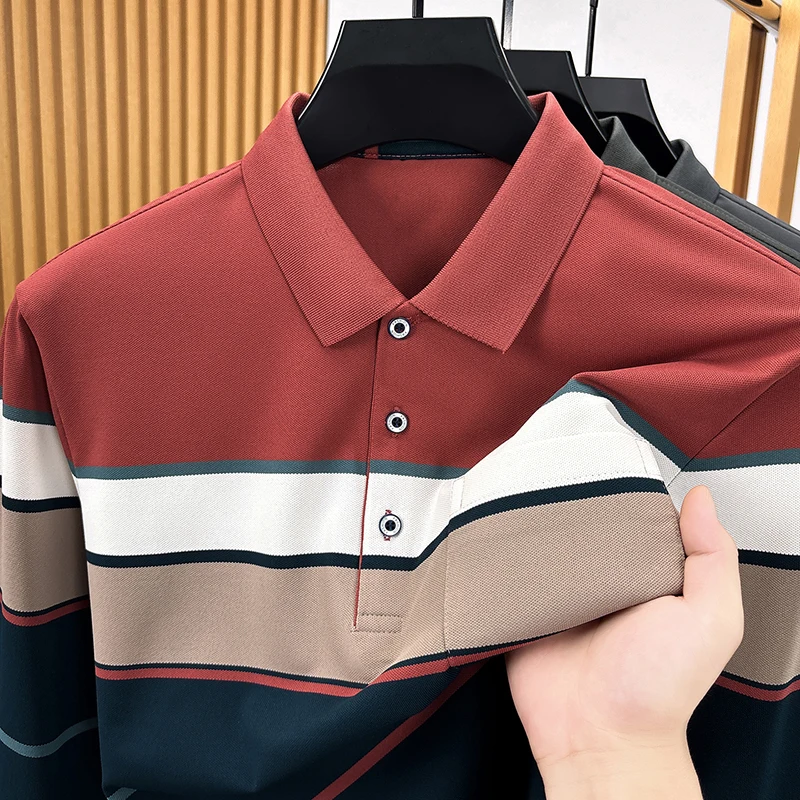 Fashion color blocked striped long sleeve polo shirt men autumn high-end pocket design comfortable business casual Lapel T-shirt