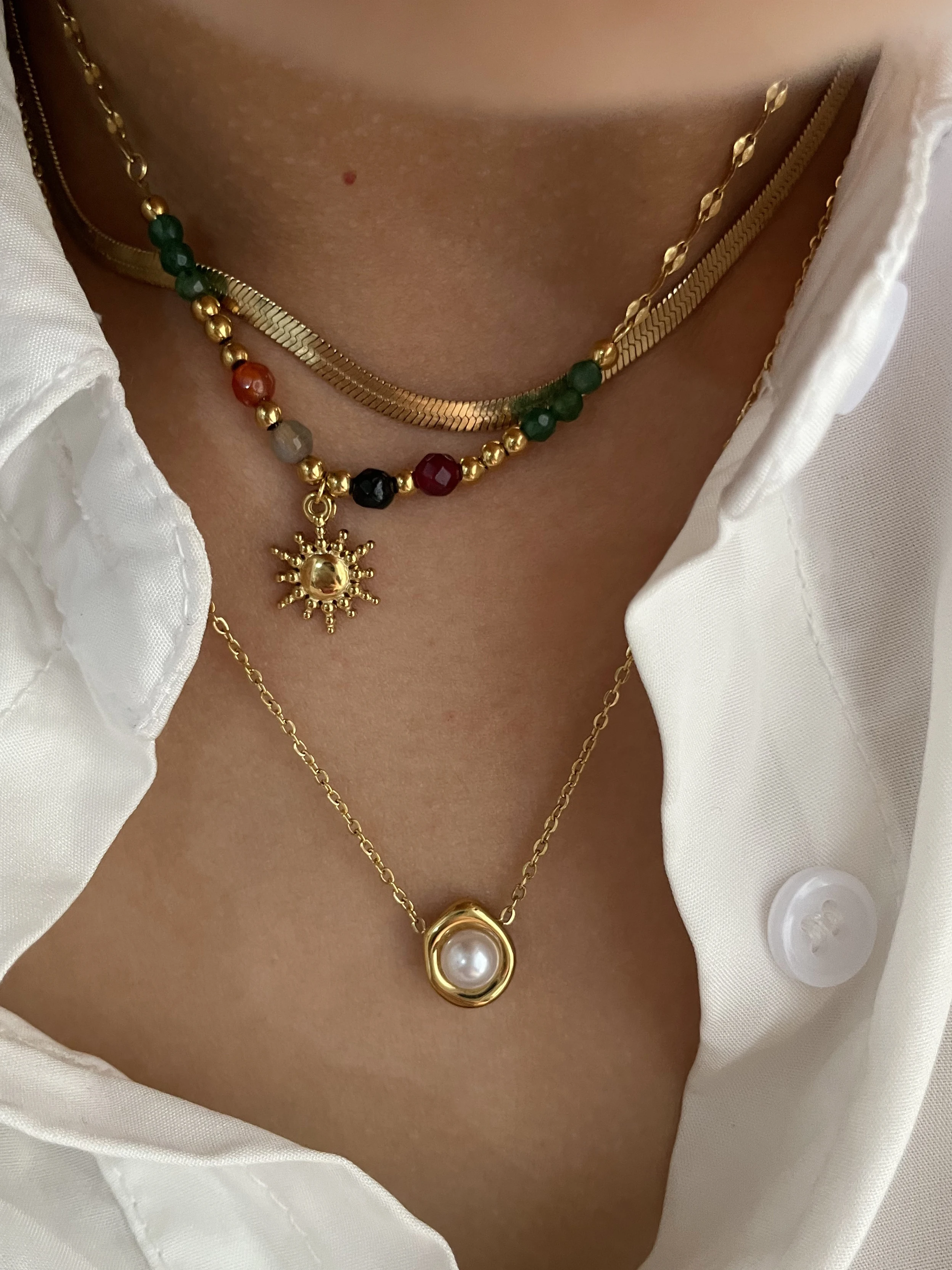 Peri\'sbox Imitation Pearl Natural Stone Sunflower Pendant Necklace Women\'s Stainless Steel Flat Snake Chain Stackable Jewelry