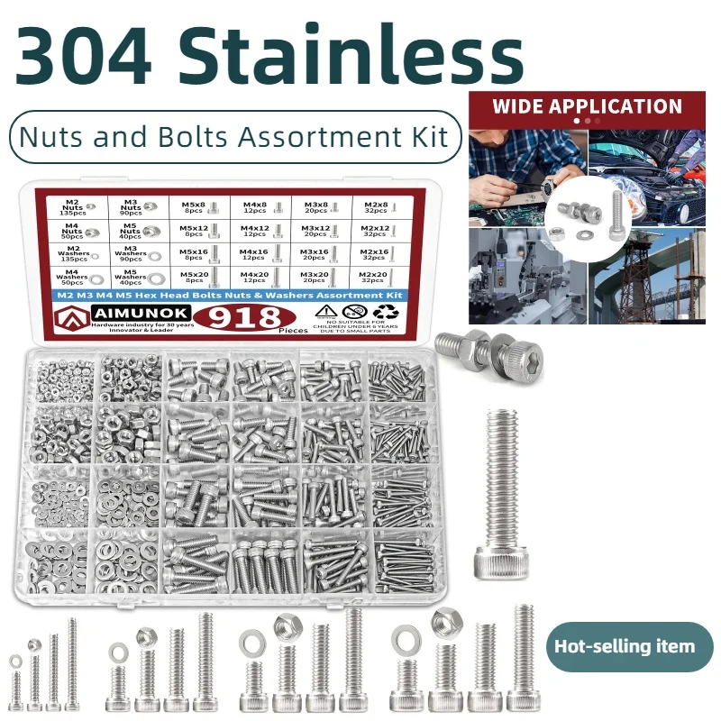 918pcs Nuts and Bolts Assortment Kit - M2, M3, M4, M5 Hex Head 304 Stainless Steel Bolts, Nuts, Flat Washers, and More