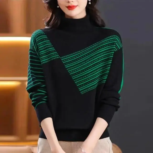 

Women High Neck Sweater Thick Striped Splicing Long Sleeve Loose Knit Base Layer Autumn Winter